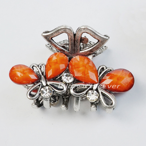 Haargreifer Schmetterlinge Haarklammer Metall Strass orange silber - zum Schließen ins Bild klicken